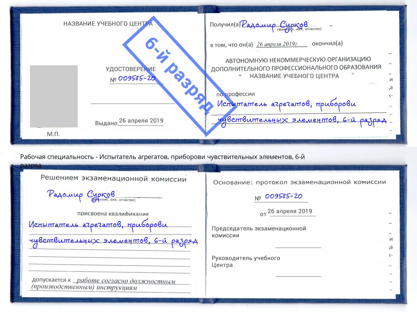 корочка 6-й разряд Испытатель агрегатов, приборови чувствительных элементов Можга