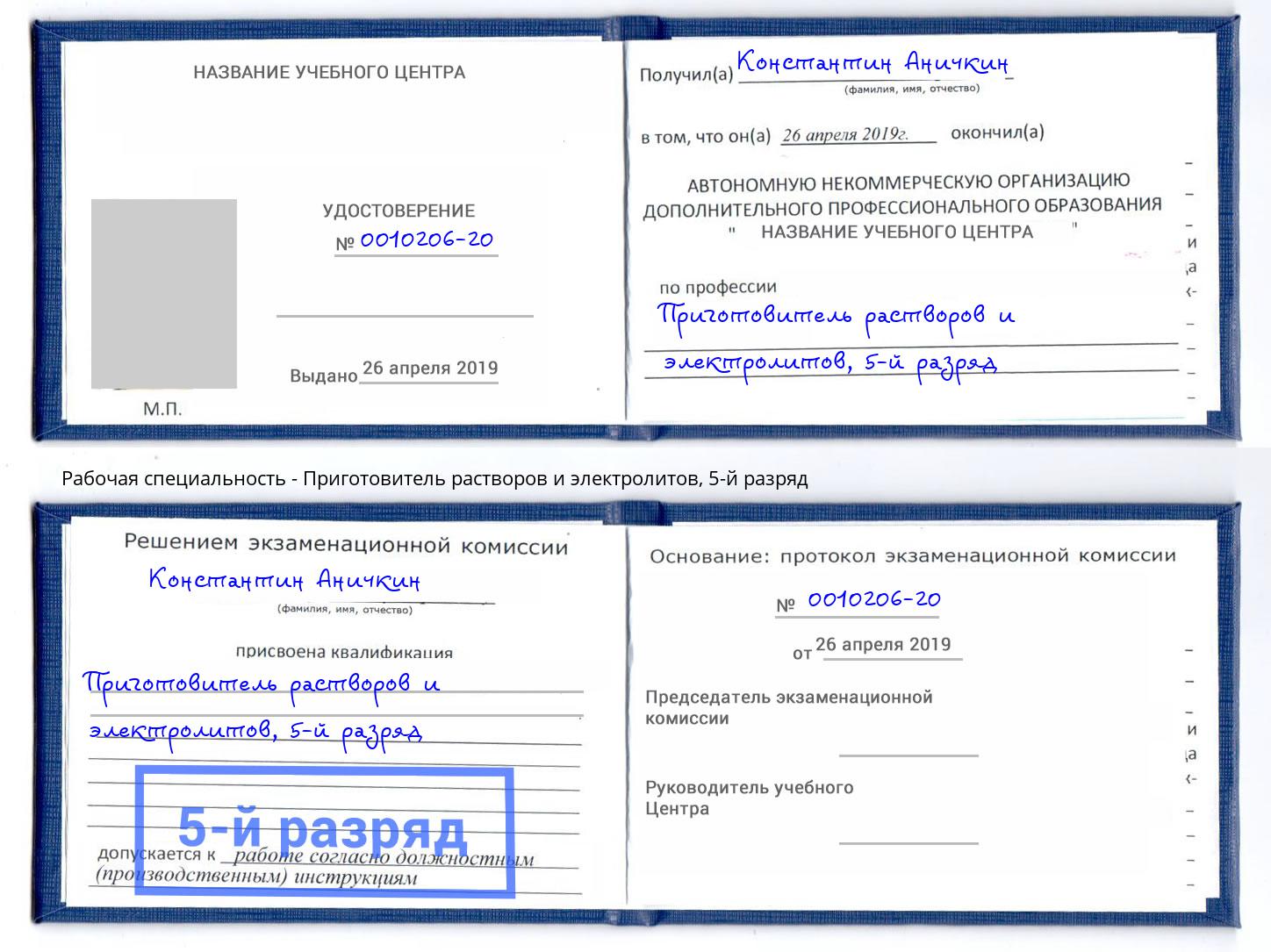 корочка 5-й разряд Приготовитель растворов и электролитов Можга