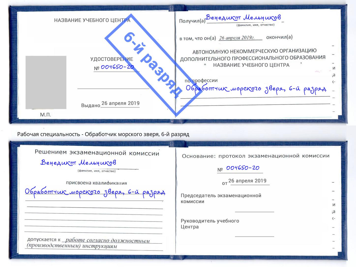 корочка 6-й разряд Обработчик морского зверя Можга