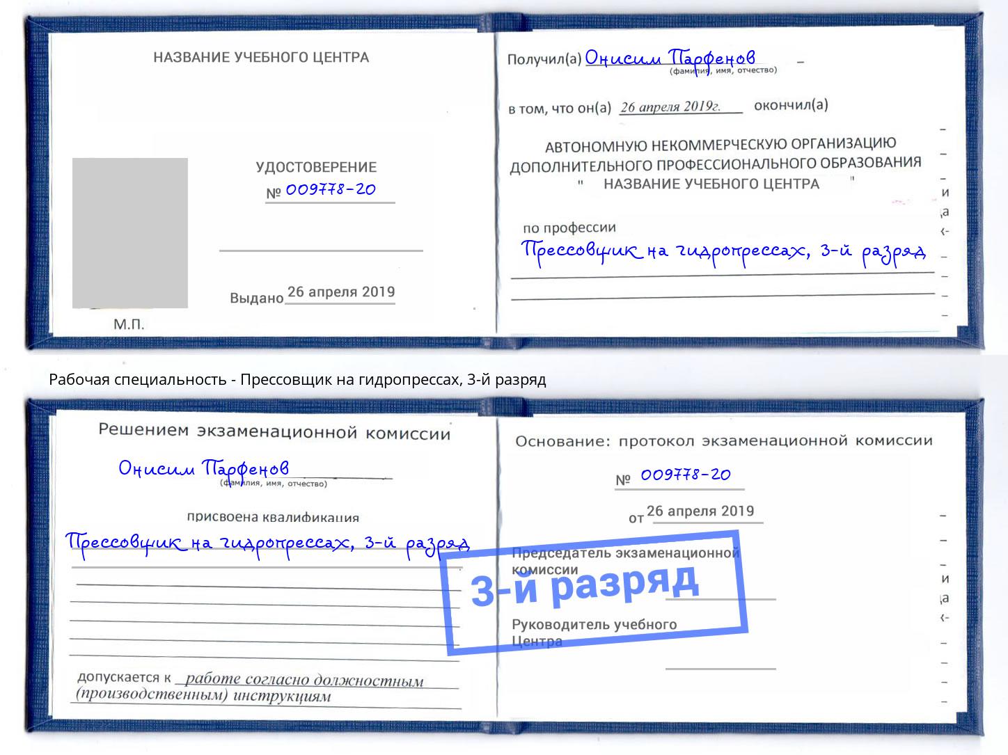 корочка 3-й разряд Прессовщик на гидропрессах Можга