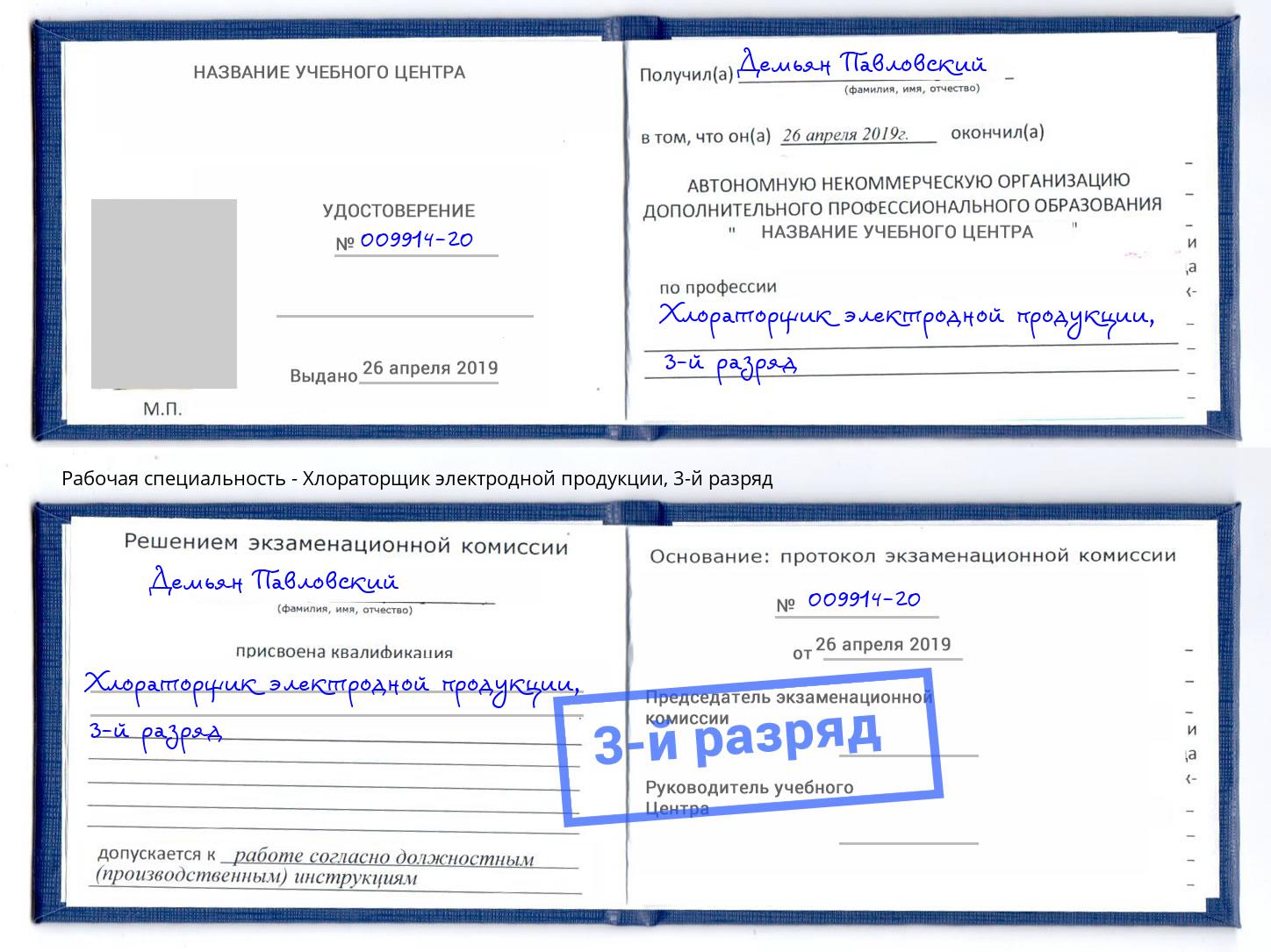 корочка 3-й разряд Хлораторщик электродной продукции Можга