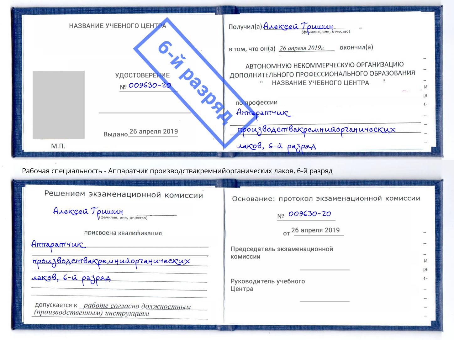 корочка 6-й разряд Аппаратчик производствакремнийорганических лаков Можга