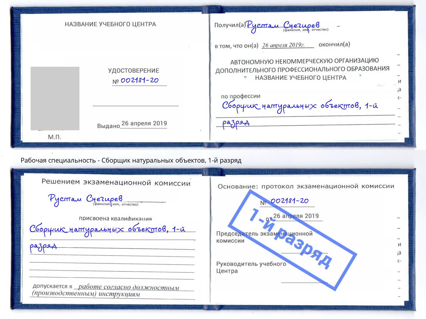 корочка 1-й разряд Сборщик натуральных объектов Можга