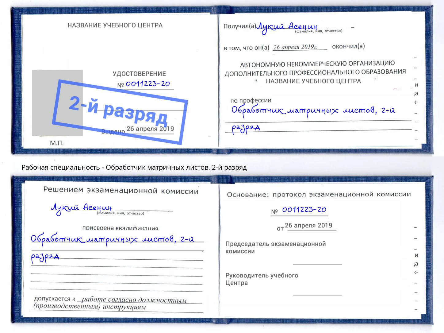 корочка 2-й разряд Обработчик матричных листов Можга